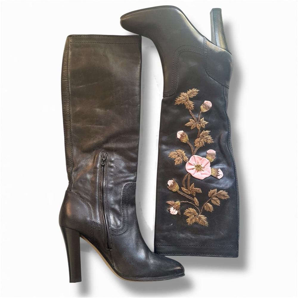 Franklin Elman Tall Leather Floral Design Heeled Boots Black Pink Size 9/39.5